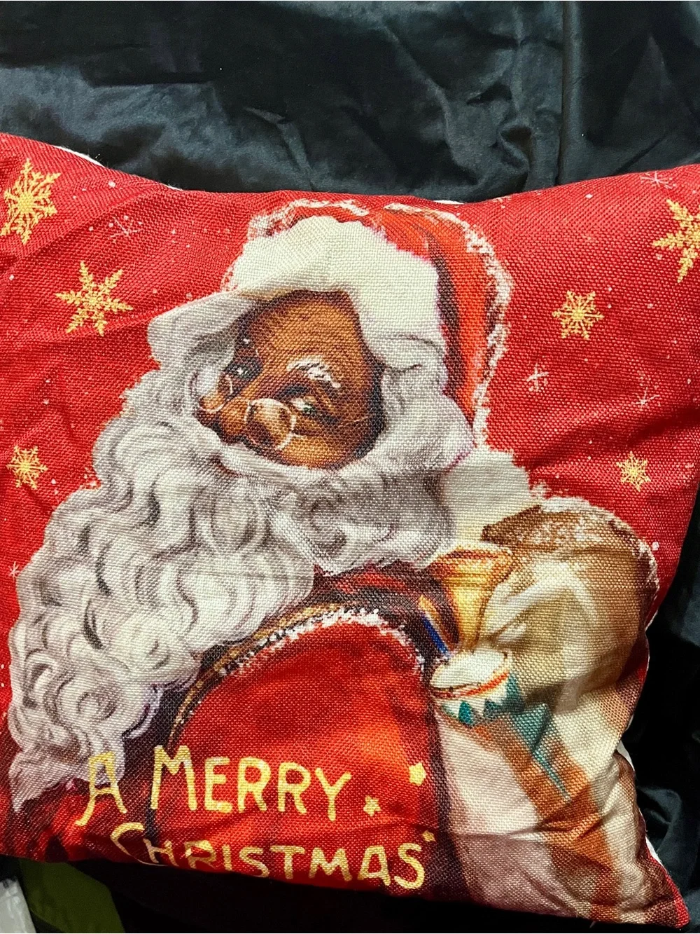 Black Santa Christmas Pillow Cover 17” Red Gold African American Holiday Decor